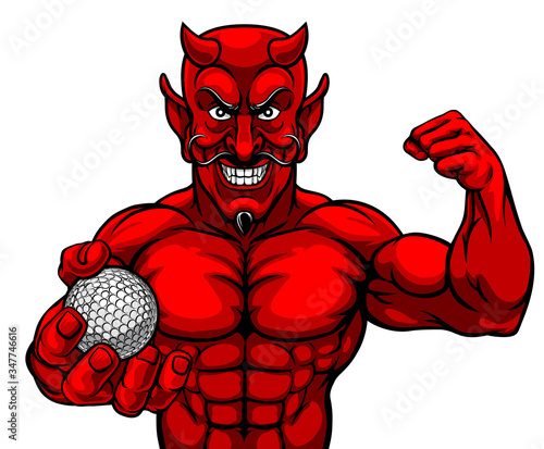 A devil Satan golf sports mascot cartoon character man holding a ball