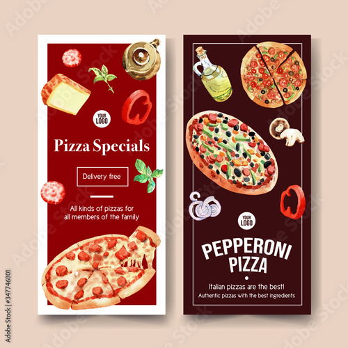Pizza flyer design with cheese, tea pot, pizza watercolor illustration.