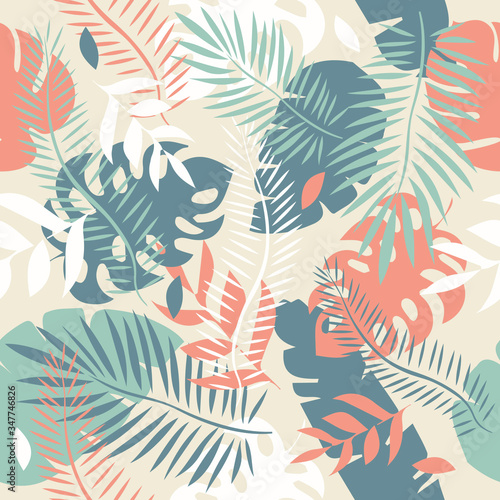 Vector seamless tropical leaves pattern