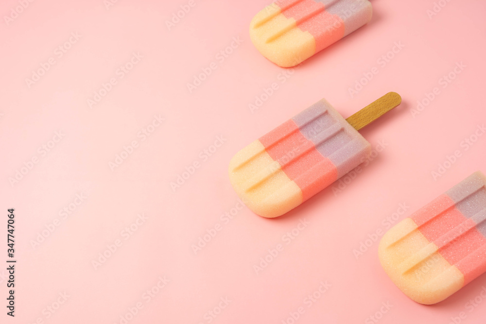 Sign or food of summer season holiday background concept.Lay of sweet pastel ice cream on modern rustic pink paper backdrop.Minimalism & pastel colorful idea creative design.copy space for creative. Sign or food of summer season holiday background concept.Lay of sweet pastel ice cream on modern rustic pink paper backdrop.Minimalism & pastel colorful idea creative design.copy space for creative.