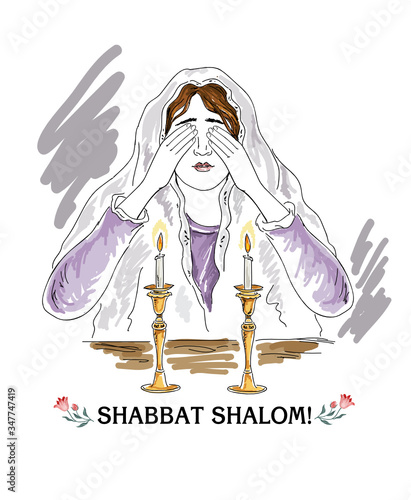 Blessing on shabbat candles. Jewish woman. Shabbat Shalom.