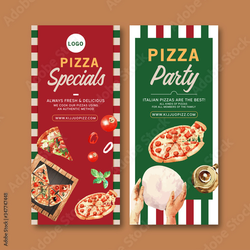 Pizza flyer design with dough, hands, pizza watercolor illustration.