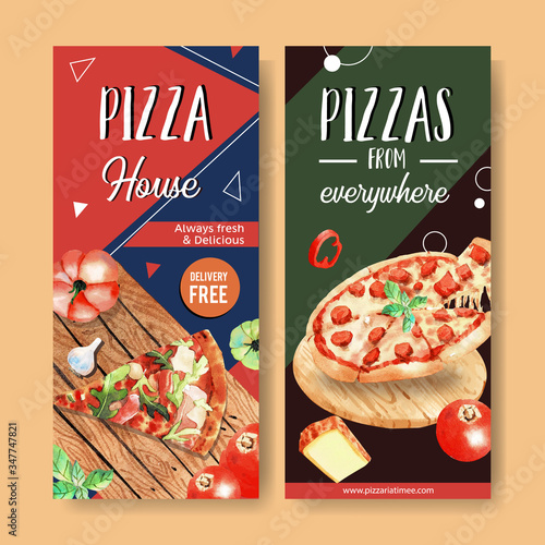Pizza flyer design with pumpkin, rolling pin, pizza watercolor illustration.