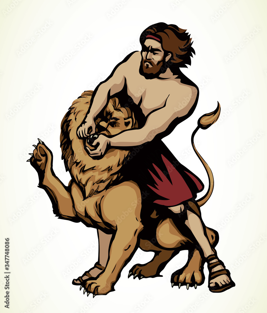 Fototapeta premium Samson fights a lion. Vector drawing