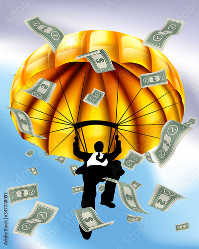 A silhouette business man with a golden parachute with lots of cash dollar bills falling around him.