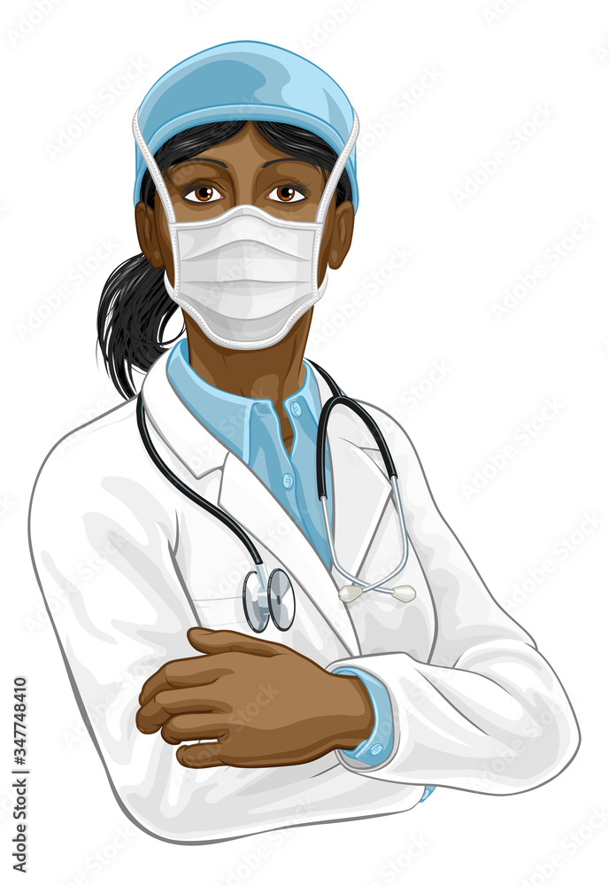 A female doctor woman medical healthcare professional character with arms folded and serious but caring look. Wearing PPE mask A female doctor woman medical healthcare professional character with arms folded and serious but caring look. Wearing PPE mask