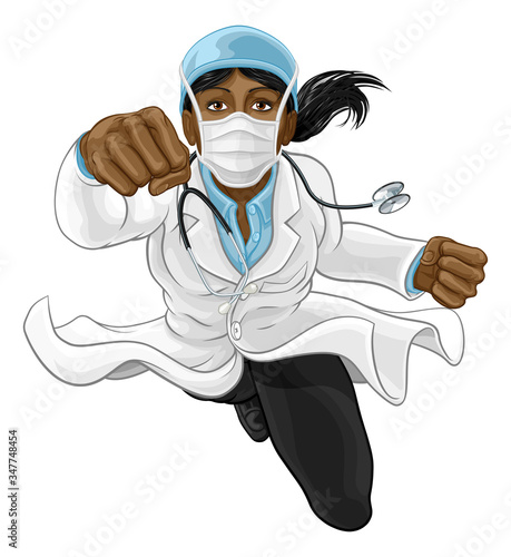 A super hero woman doctor concept. A female medical healthcare professional as a superhero flying through the air. Wearing face mask PPE