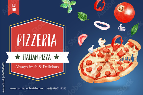 Pizza frame design with pepperoni pizza watercolor illustration.