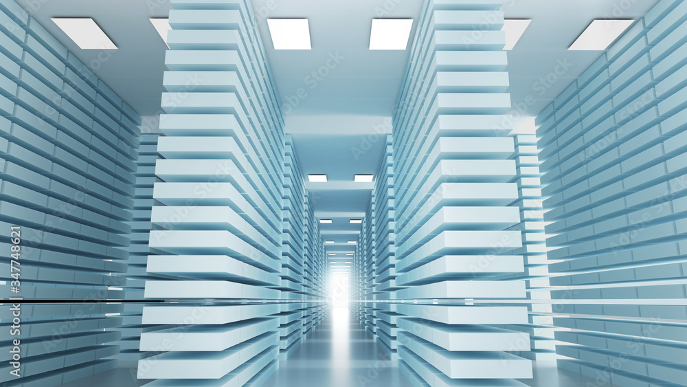 Obraz premium Archive, long corridor of shelves, catalog, rows of shelves, Abstract architectural background, 3D renderingAbstract architectural background, the white wall angular shape, 3D render