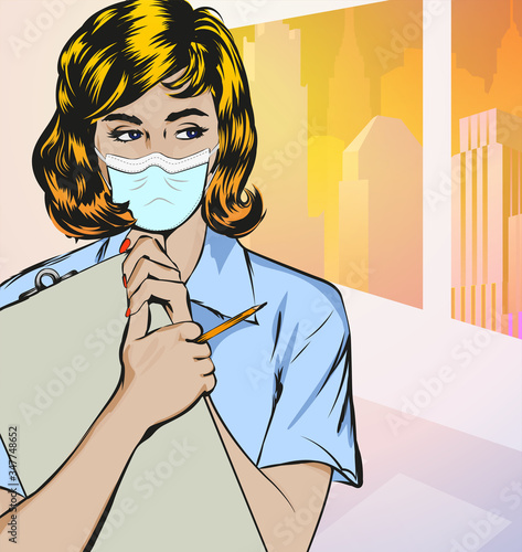 Doctor wearing medical face mask in the hospital. City scape on the background. Sun lights, colorful city on the background