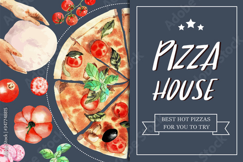 Pizza frame design with dough, hands, pizza watercolor illustration.