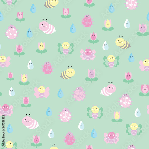 Vector green garden insects and flowers seamless pattern background. Perfect for fabric, wallpaper, scrapbooking packages.