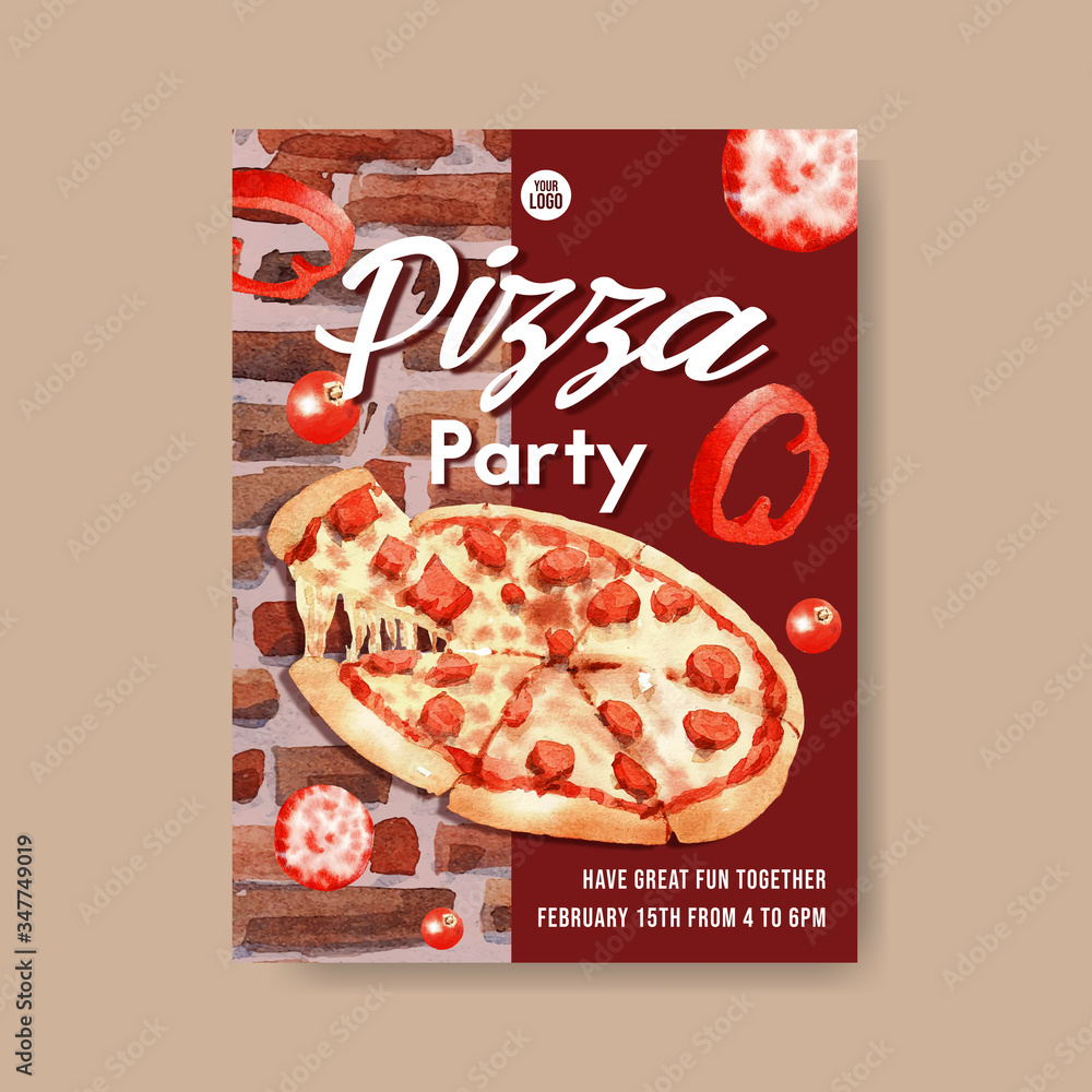 Pizza poster design with pepperoni pizza watercolor illustration.. Pizza poster design with pepperoni pizza watercolor illustration..