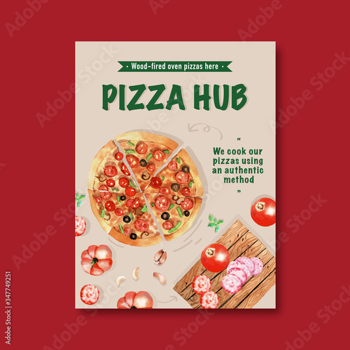 Pizza poster design with pizza, pumpkin watercolor illustration..