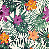 Vivid flowers tropical leaves seamless pattern white background