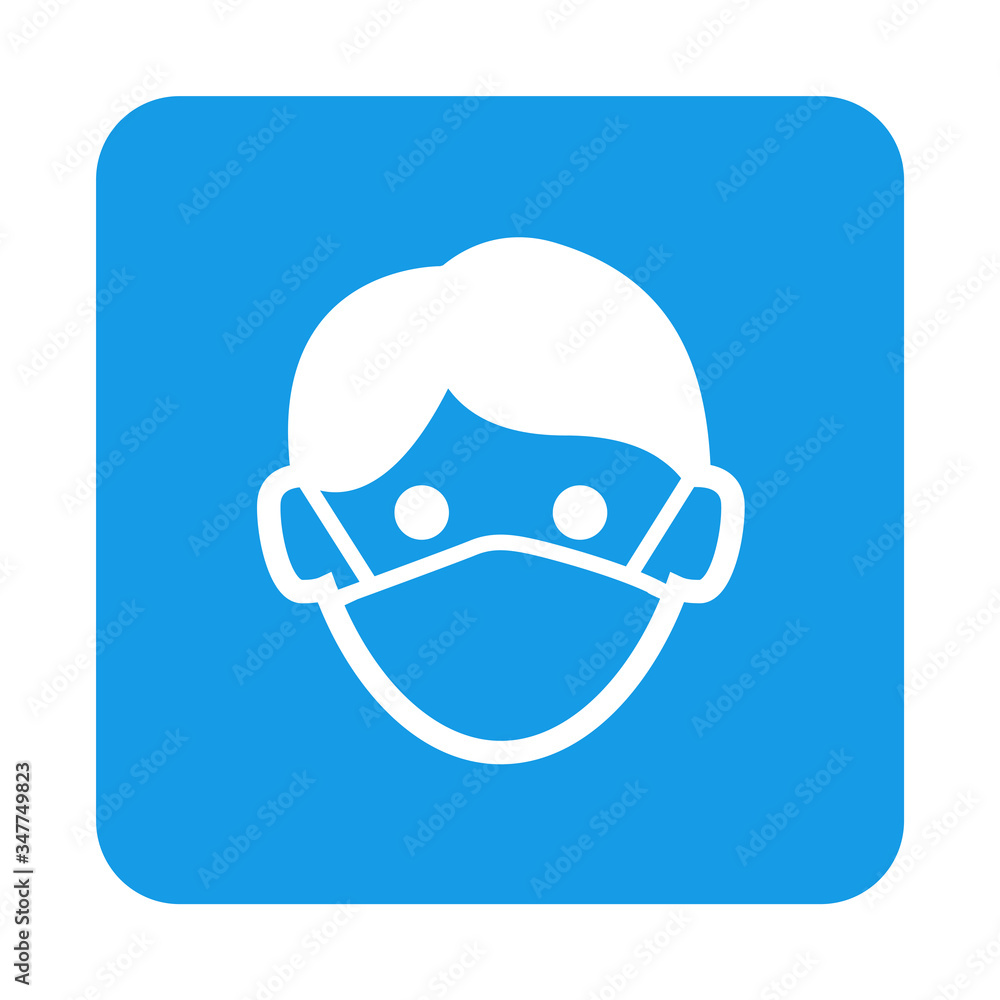 Icono plano cabeza de hombre con máscara hospital en cuadrado color azul Icono plano cabeza de hombre con máscara hospital en cuadrado color azul