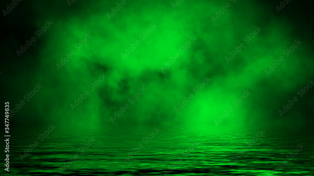 Mystic green smoke on the floor. Fog isolated on black background.Reflection on water.
