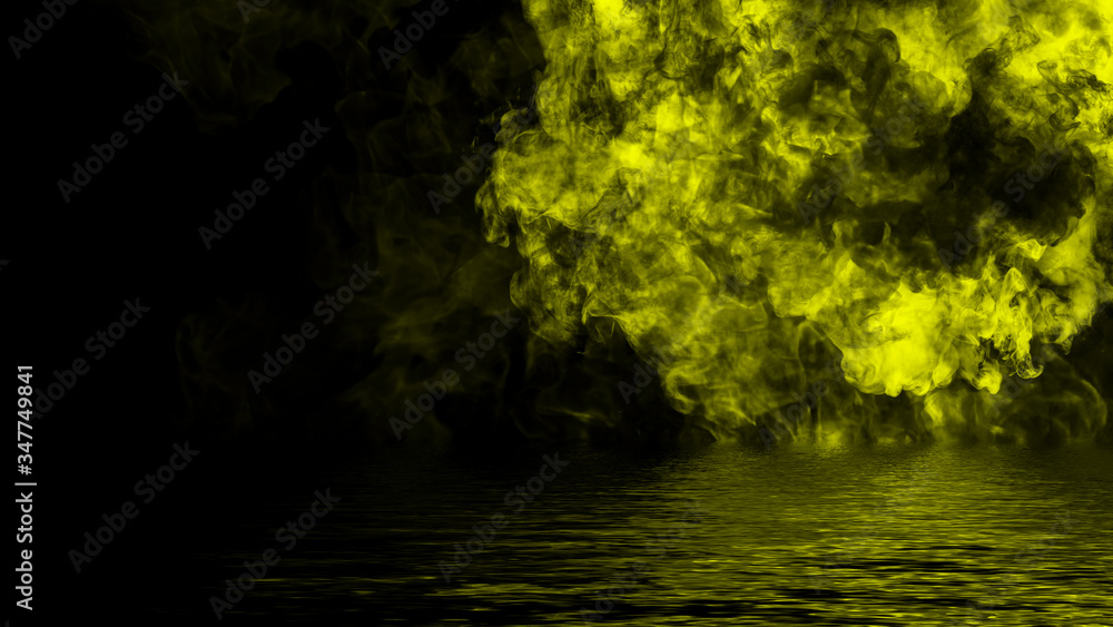 Mystic smoke on the floor. Fog isolated on black background.Reflection on water. Mystic smoke on the floor. Fog isolated on black background.Reflection on water.