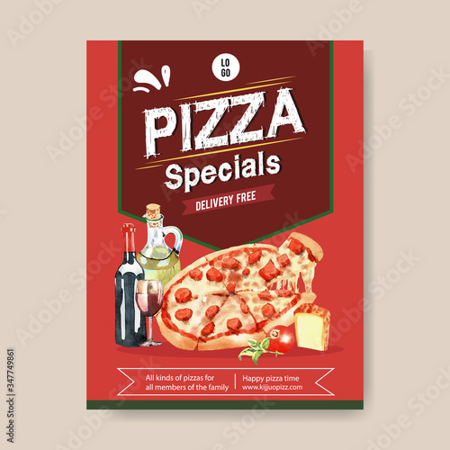 Pizza poster design with pepperoni pizza watercolor illustration..