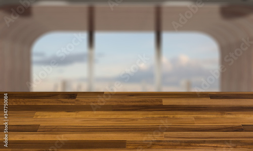 blurred interior on a wooden table background.concept of modern office interior. bent forms. walls of wood. big windows. 3D rendering. © COK House