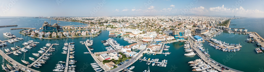 Aerial panoramic view of the beautiful Marina in Limassol, Cyprus.