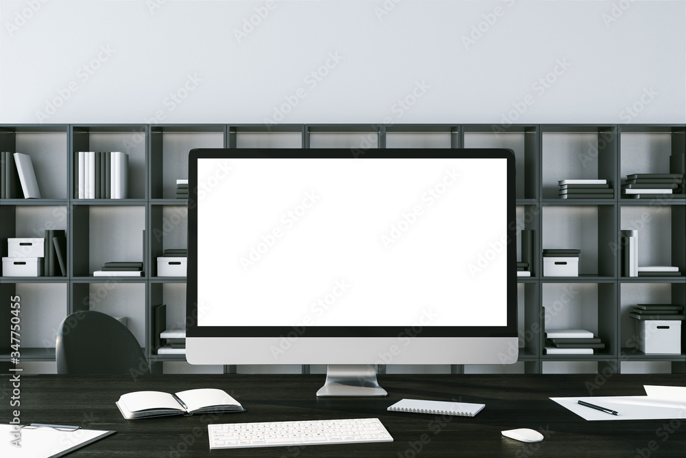 Minimalistic workplace desktop with white computer screen Minimalistic workplace desktop with white computer screen