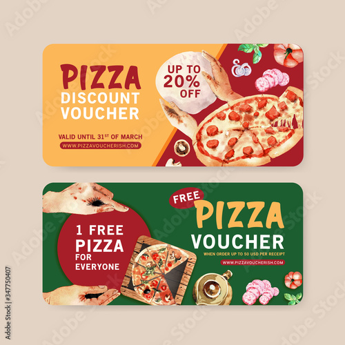 Pizza voucher design with dough, tea pot, tomato water illustration