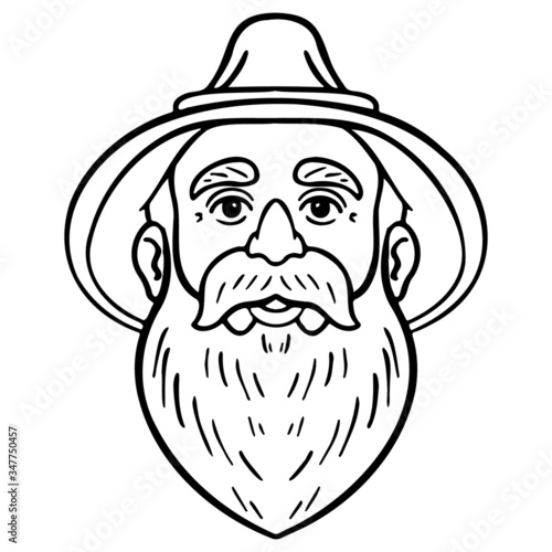 monochrome comic drawing of a bavarian man with full beard and hat. avatar, outline, vector, tradition.