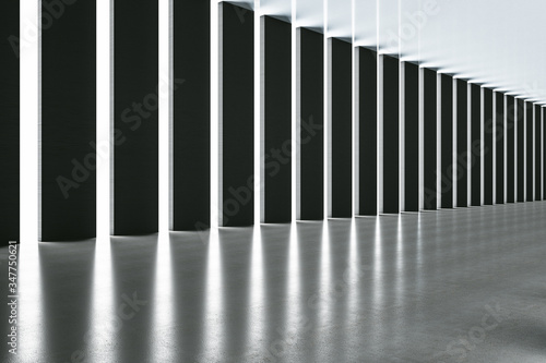 Minimalistic gallery interior with gray columns