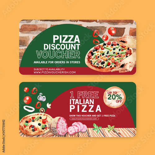 Pizza voucher design with baking, salami, dough water illustration