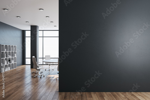 Obraz na plátně Modern meeting room with panoramic city view and  empty wall.