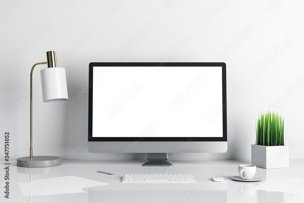 Fototapeta premium Contemporary designer desktop with empty computer screen