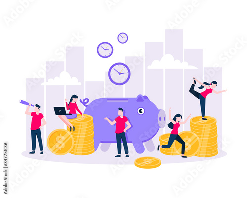 Time is money. Save time business concept flat style vector illustration isolated on white background. Financial investment and marketing planning of money growth with US coin, piggy bank and people.