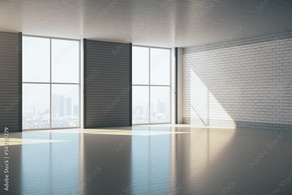 Obraz premium Minimalistic gallery with two windows and empty brick wall.