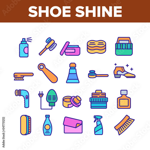 Shoe Shine Service Collection Icons Set Vector. Brush And Cream, Electronic Heater And Polish Spray Package Equipment For Shoe Shine Concept Linear Pictograms. Color Illustrations