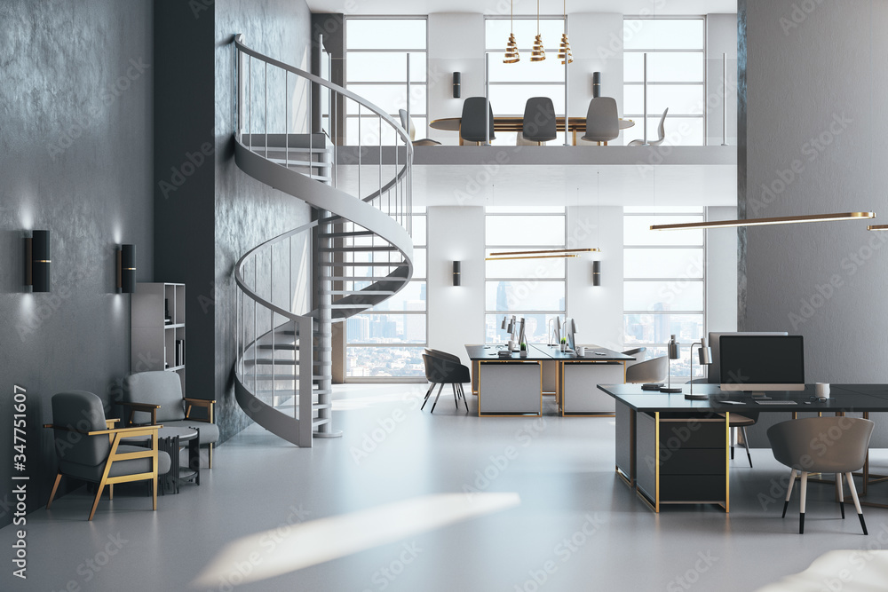 Luxury coworking office interior with stairs and computer on desktop Luxury coworking office interior with stairs and computer on desktop
