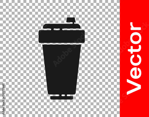 Black Fitness shaker icon isolated on transparent background. Sports shaker bottle with lid for water and protein cocktails. Vector Illustration