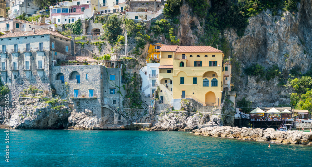 Beautiful view from the sea of the Amalfi Coastline, Amalfi, Italy.