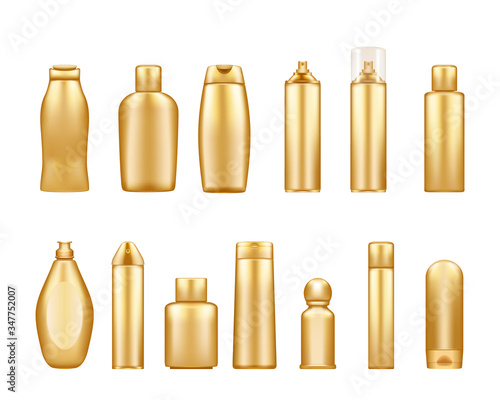 Gold cosmetic bottles mockups isolated on white background: shower gel, shampoo, lotion, spray. Plastic package design. Blank cosmetic, hygiene and skin care template. Set of 3d vector illustrations