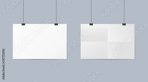 Blank poster. White paper mockup. A4 sheet with folds. Horizontal templates of sheet with clips. Newspaper frame with shadow, hang rope. Background for presentation, picture, news, stationary. Vector