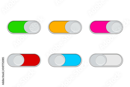 Buttons of enable and switch. Off toggles of ui. Switcher in interface bar. Slider of active or disable. 3d symbols of audio adjusting. Box for app, mobile, internet. Background for buttons. Vector