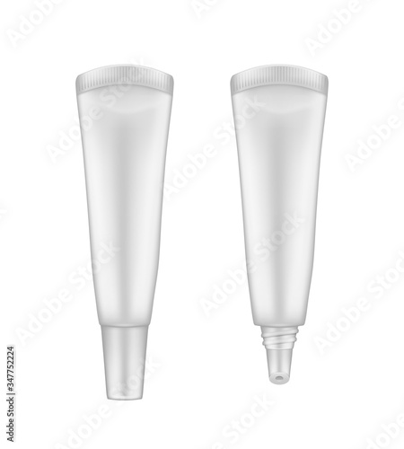 Realistic lip glossy balm tube mockup isolated on white background - opened and closed. Plastic package design. Blank cosmetic and skin care template. 3d vector illustration