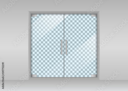 Glass door in store. Automatic entrance in shop. Realistic double door in supermarket, office with glares. Window front view. Facade wall with aluminum, metal frame and entry in hall market. Vector