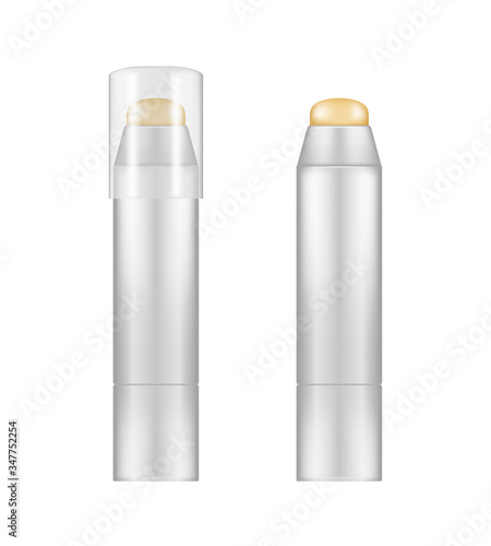 Realistic glossy lip balm tube mockup isolated on white background with transparent cap - opened and closed. Plastic package design. Blank cosmetic and skin care template. 3d vector illustration