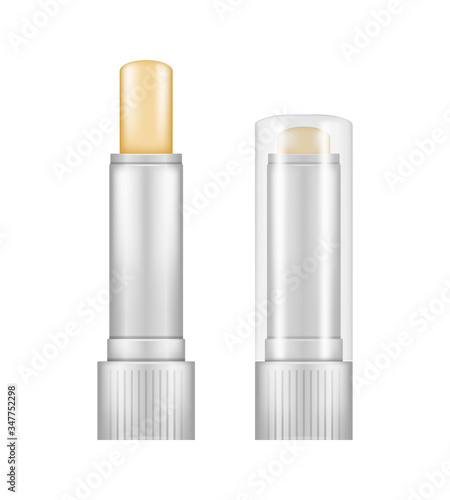Realistic glossy tintless lipstick tube mockup isolated on white background with transparent cap. Plastic package design. Blank cosmetic and skin care template. 3d vector illustration