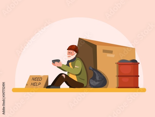 Homeless people need help, poor old man sitting in street waiting people to help. cartoon flat illustration vector