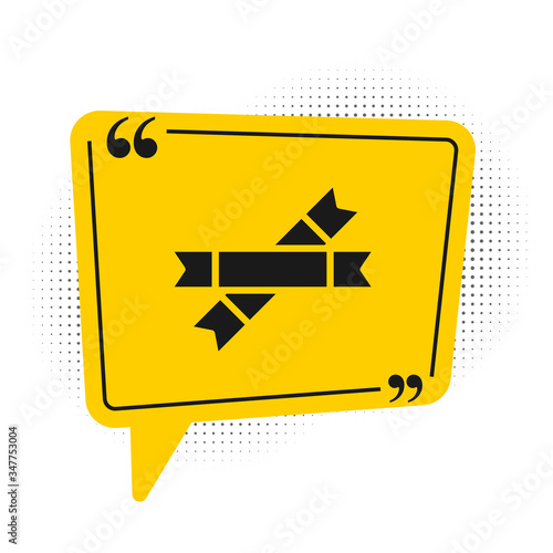 Black Sugar stick packets icon isolated on white background. Blank individual package for bulk food products as coffee, salt, spices. Yellow speech bubble symbol. Vector Illustration