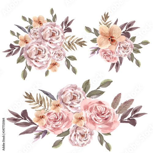 Dried floral bouquet design with peony, rose, orchid watercolor illustration.