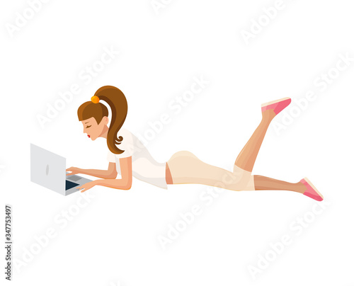 Remote work or education from home or distance working or learning girl isolated laying with a laptop computer vector illustration.