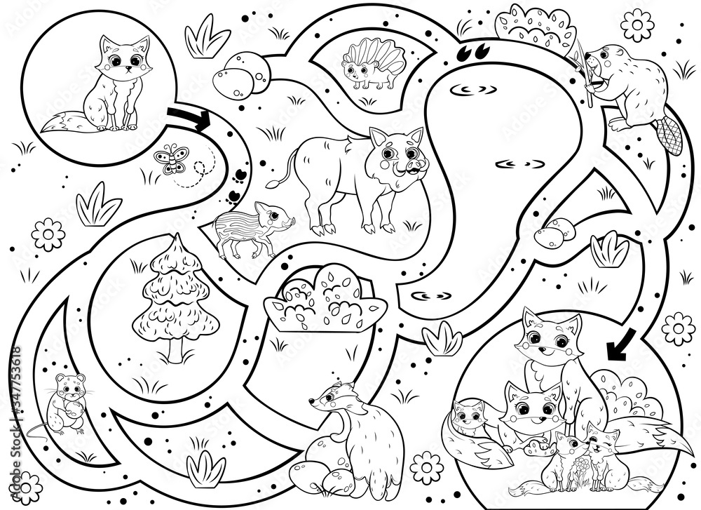 Help the little lost fox find the way to his family. Maze or labyrinth game for preschool children. Puzzle. Tangled road. Forest animals for kids. Black and white for coloring